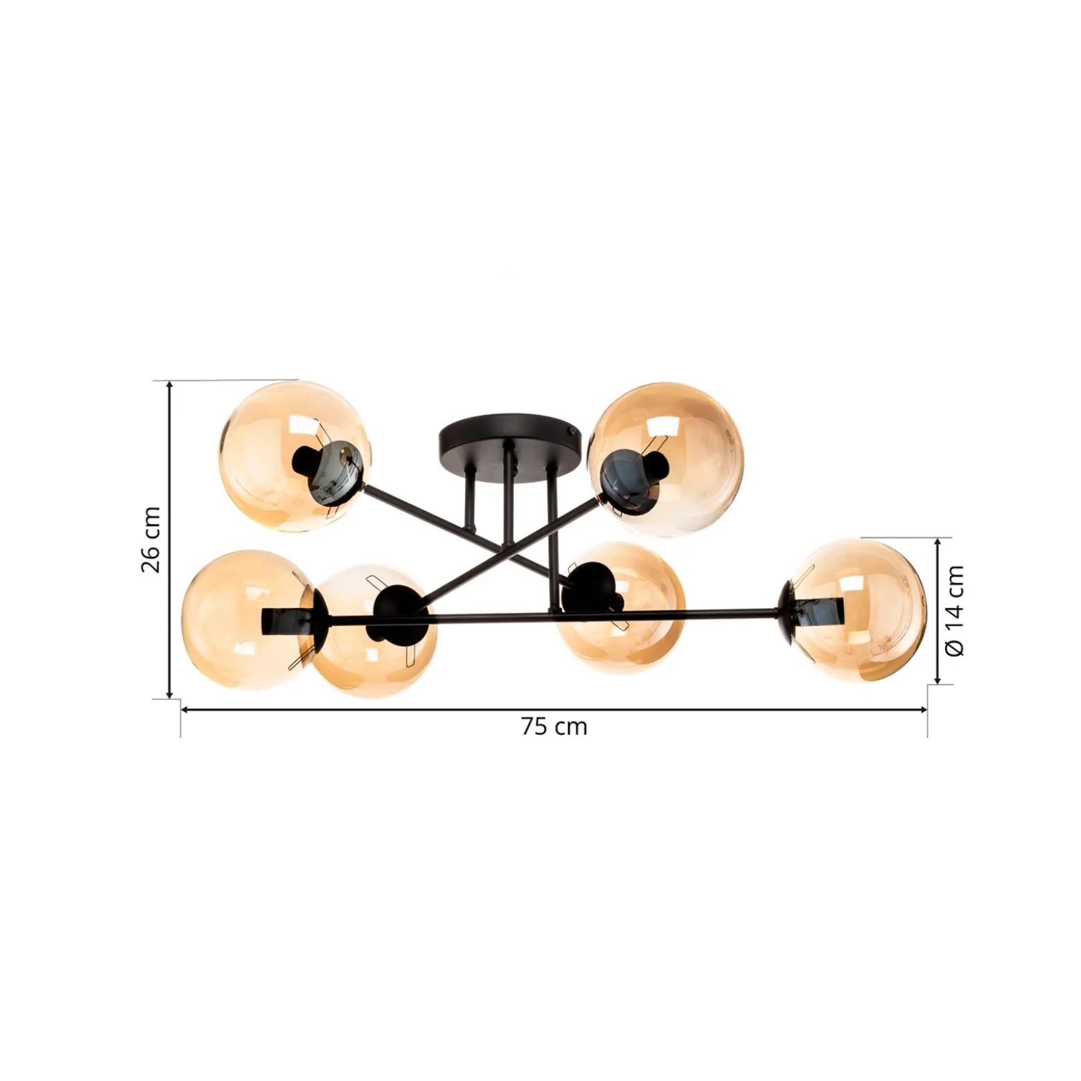 Plafón Glassy, negro, ámbar, cristal, 6 luces, E14