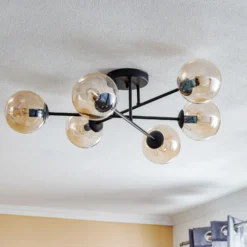 Plafón Glassy, negro, ámbar, cristal, 6 luces, E14