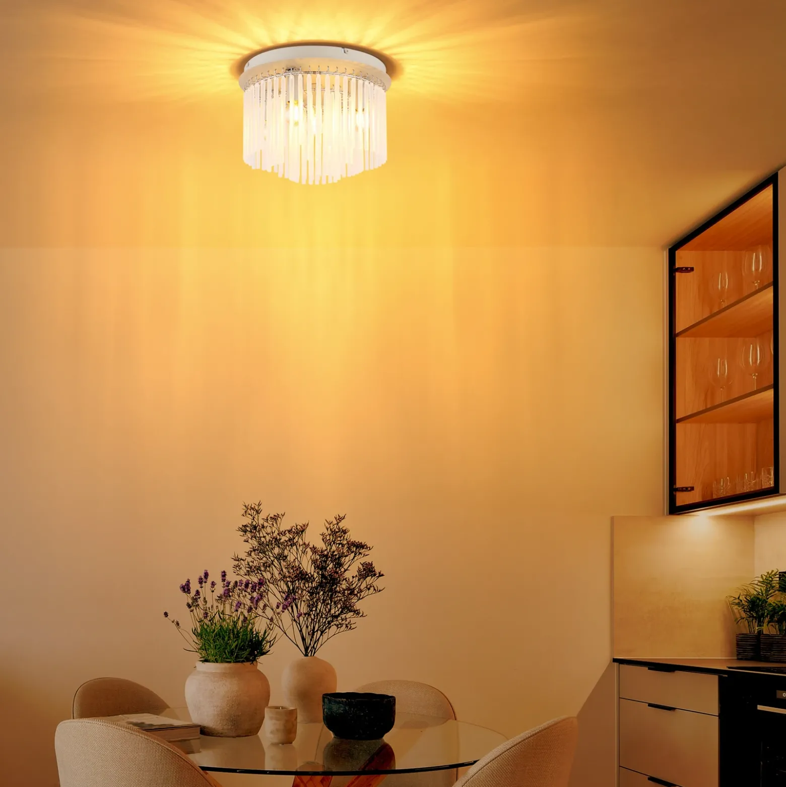 Plafón Gorley, blanco/arena, cristal, Ø 32 cm, 5 luces, E14