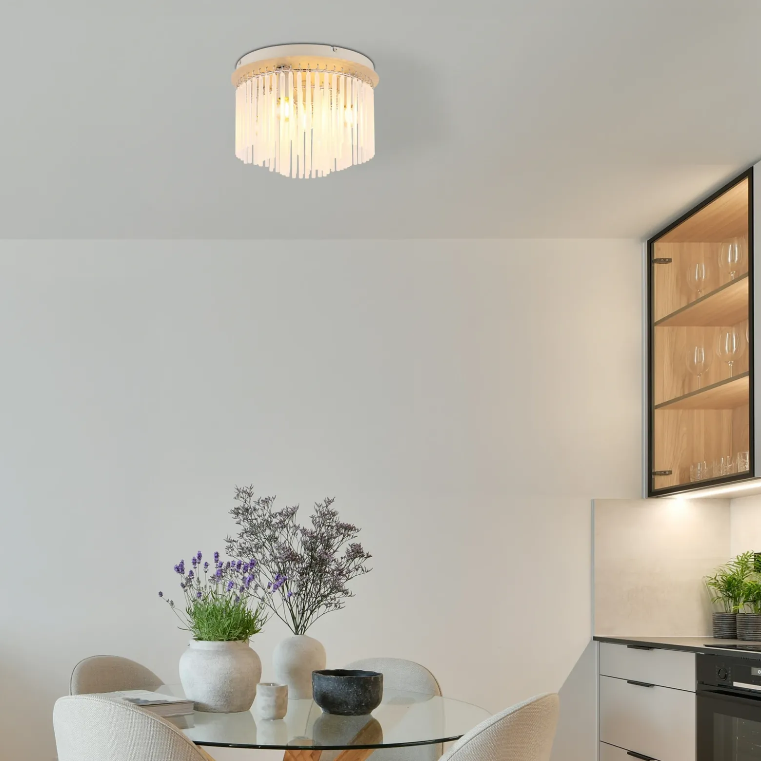 Plafón Gorley, blanco/arena, cristal, Ø 32 cm, 5 luces, E14