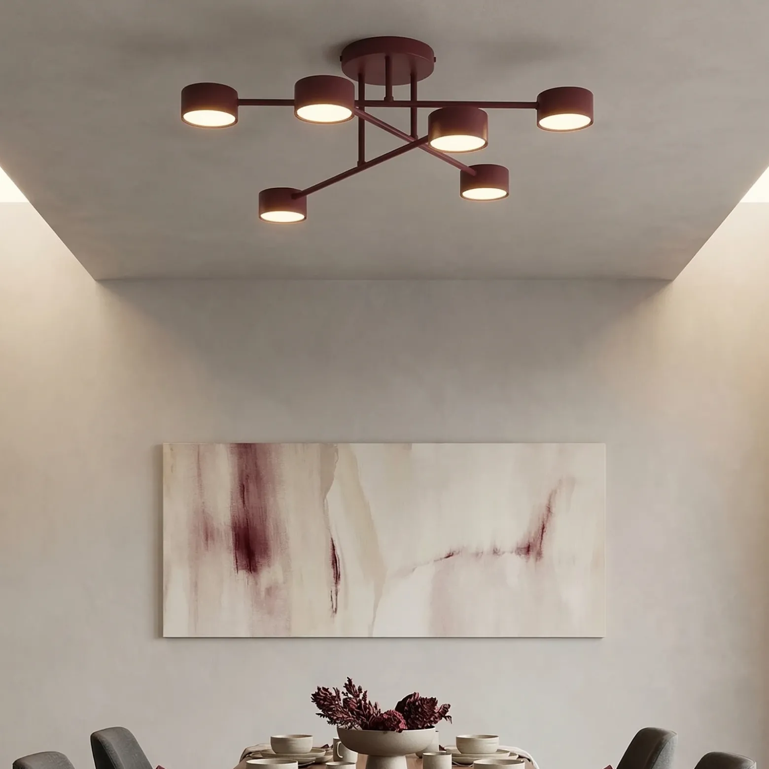 Plafón HALO, rojo oscuro, Ø 60 cm, 6 luces, metal, GX53