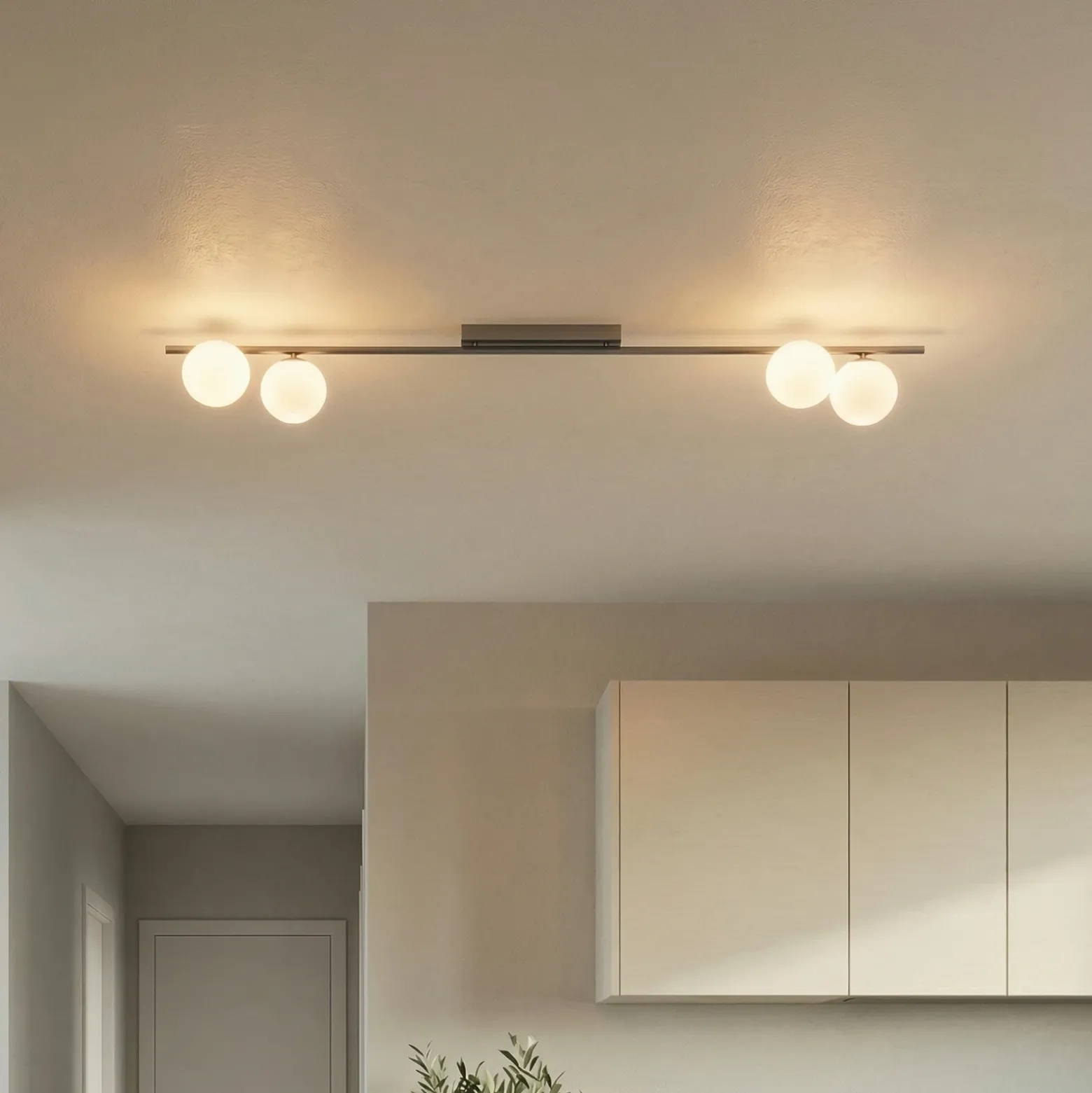 Plafón Imelo, marrón, 4 luces, cristal, longitud 140 cm