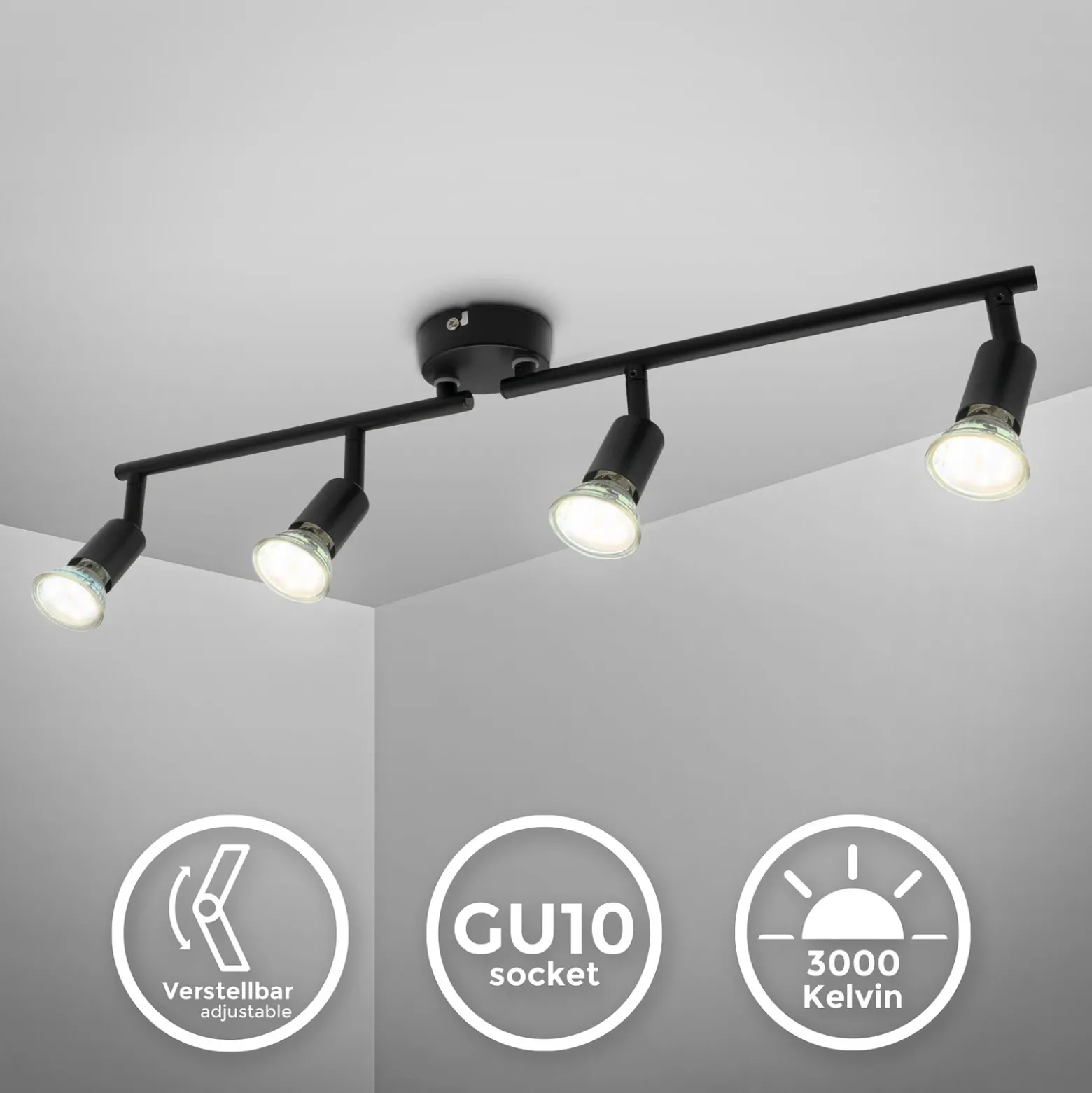 Plafón Jade, negro, con 4 luces, GU10, 3.000 K