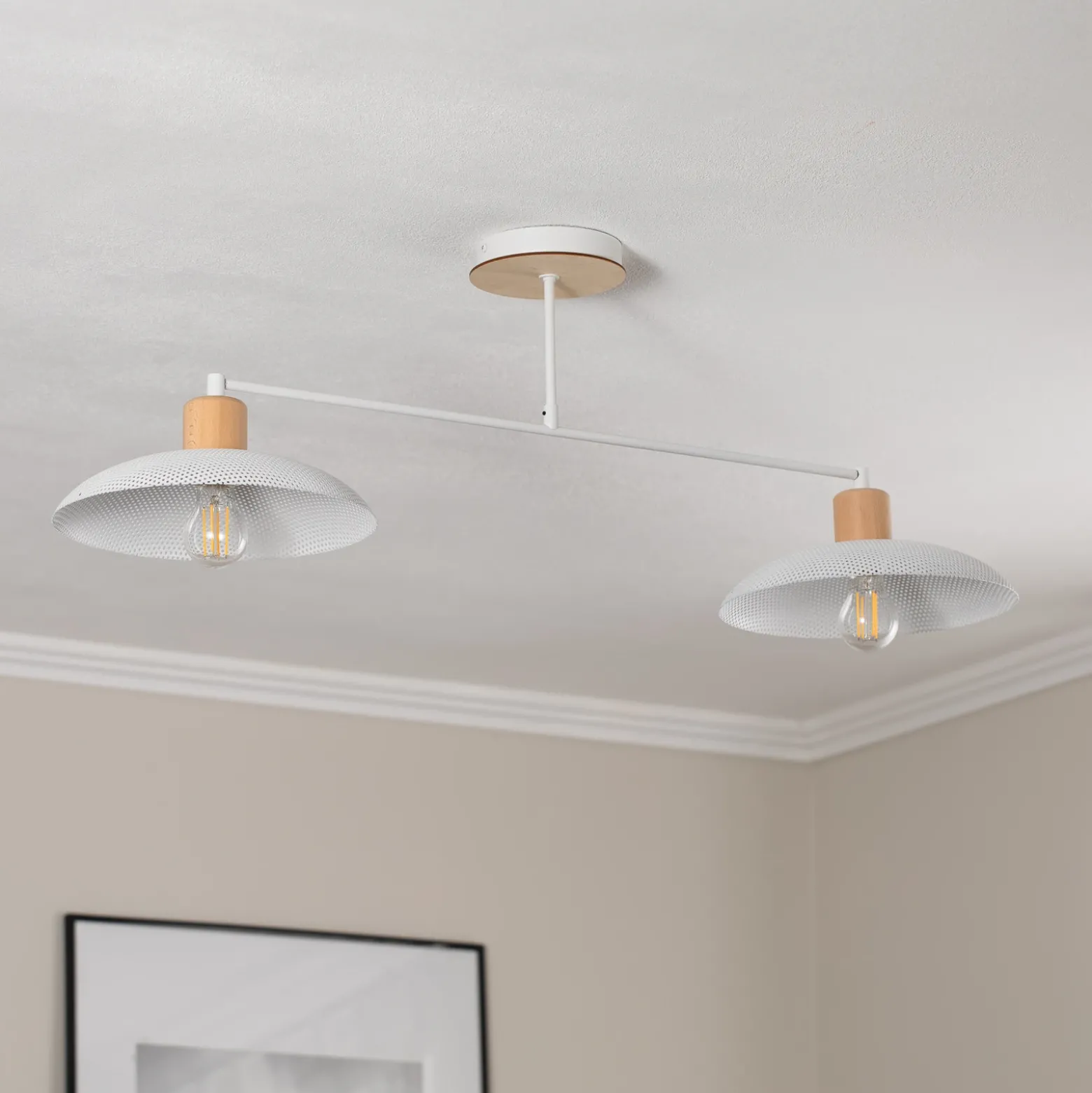 Plafón Kobe, 2 luces, acero, madera, blanco