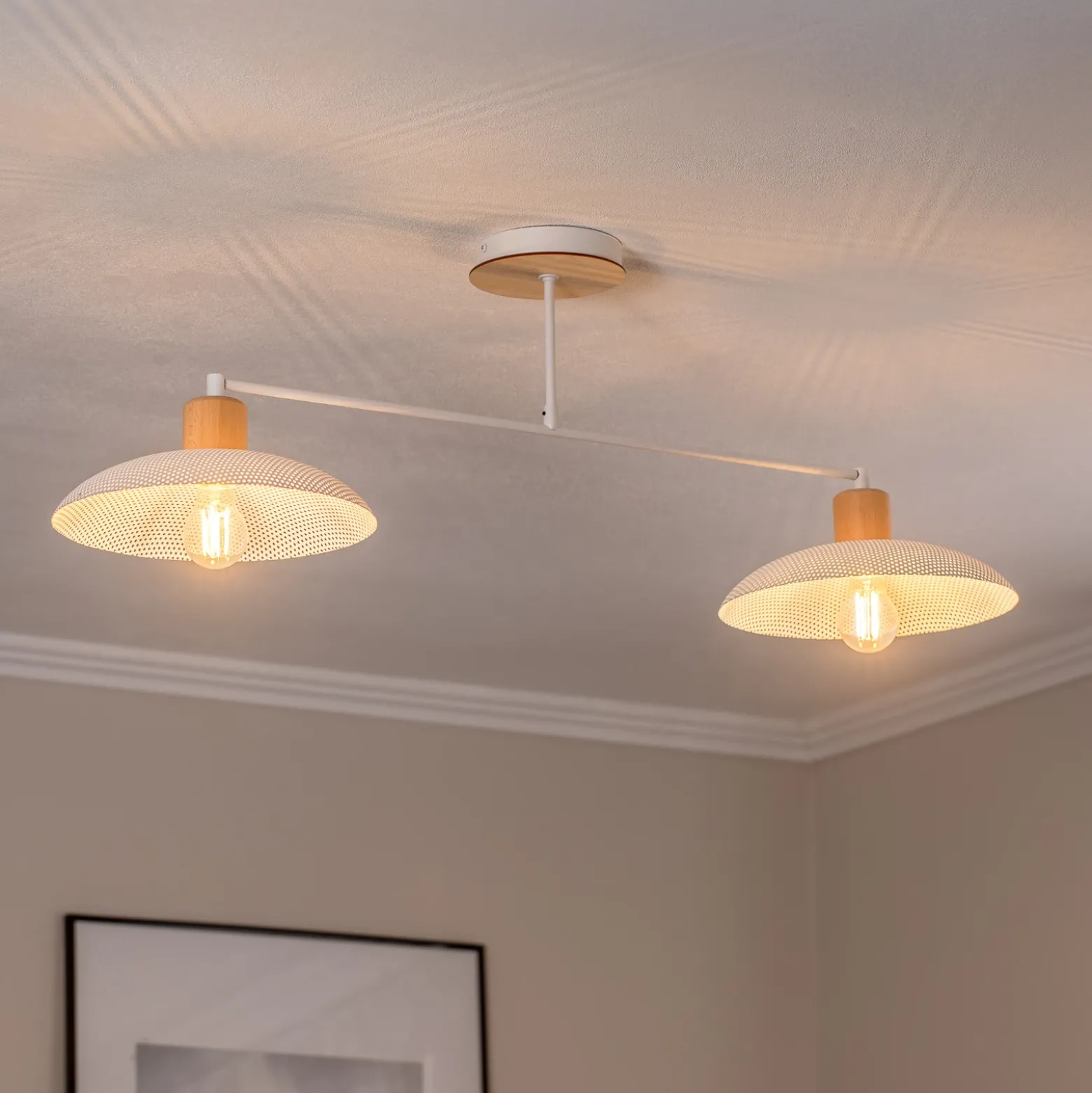 Plafón Kobe, 2 luces, acero, madera, blanco