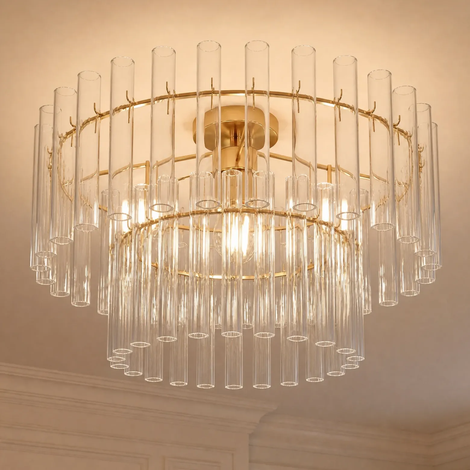 Plafón Leanna de Lucande, transparente/latón, Ø 54 cm, cristal