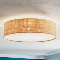 Plafón Leano, madera clara, ratán, Ø 50 cm