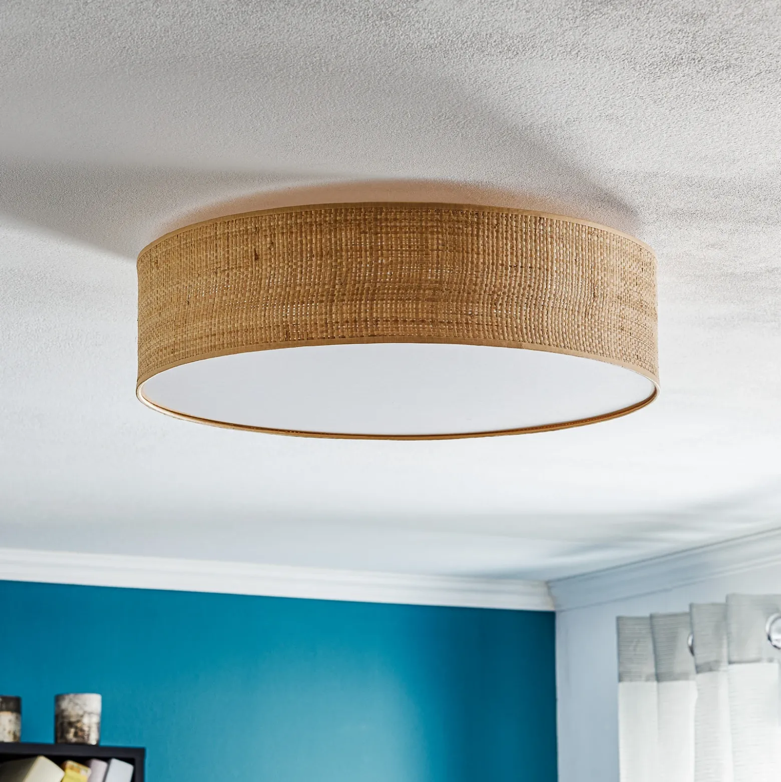 Plafón Leano, madera clara, ratán, Ø 50 cm