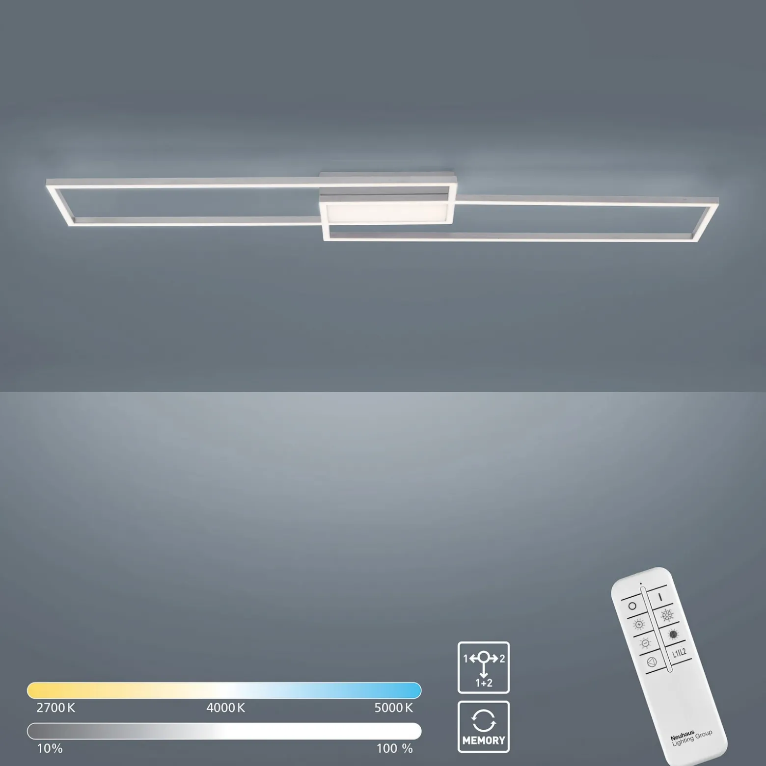 Plafón LED Asmin, CCT, acero, 109,5x25,7cm