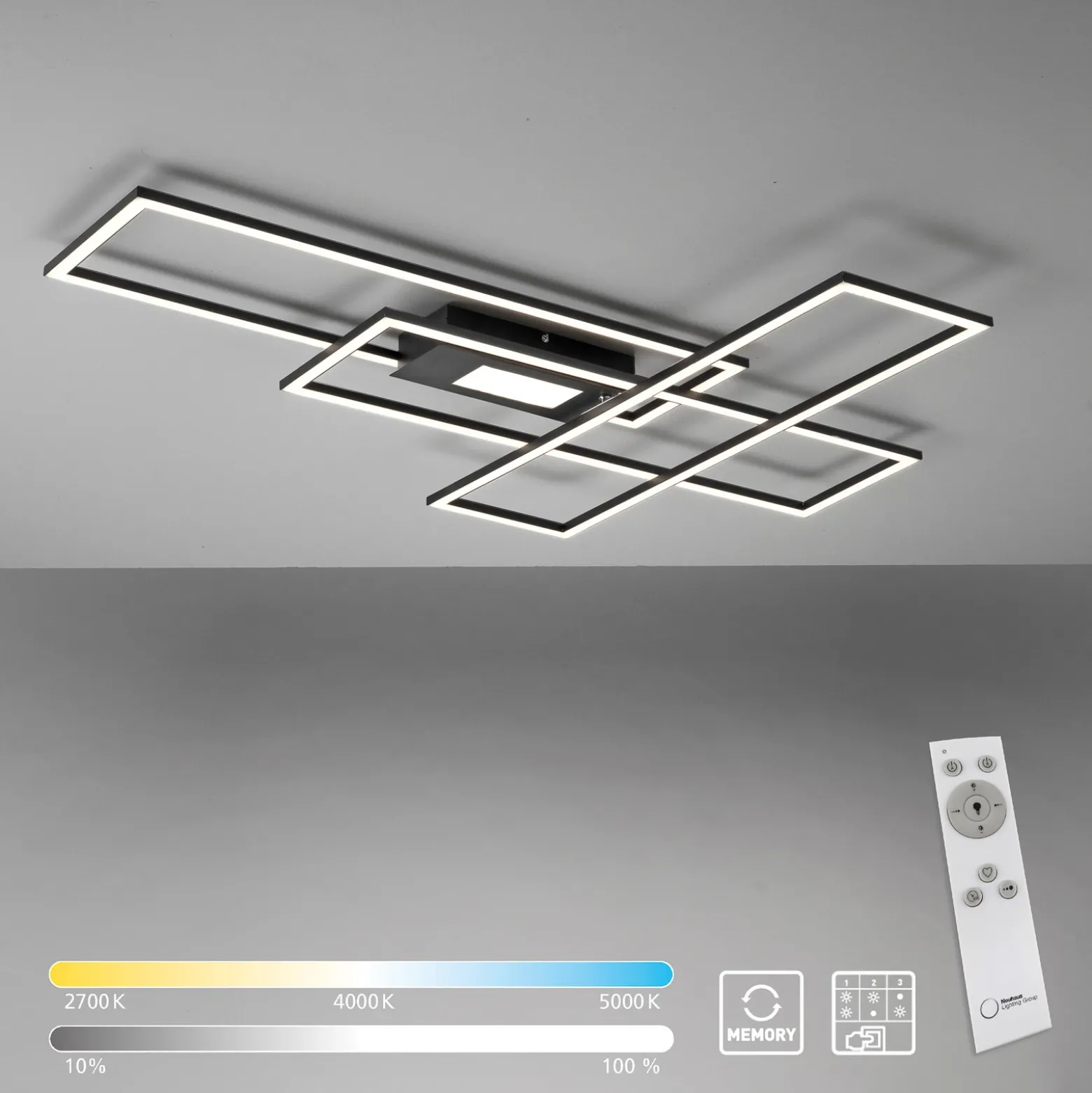 Plafón LED Asmin, CCT, negro, 98,9x69,4 cm