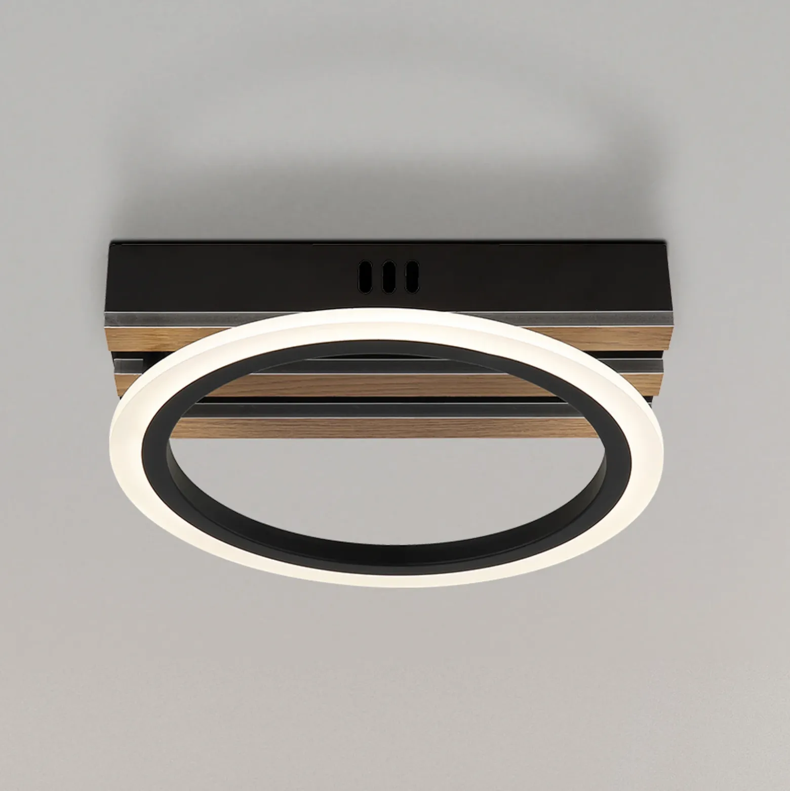 Plafón LED Blevins, negro mate/efecto madera, Ø 25 cm