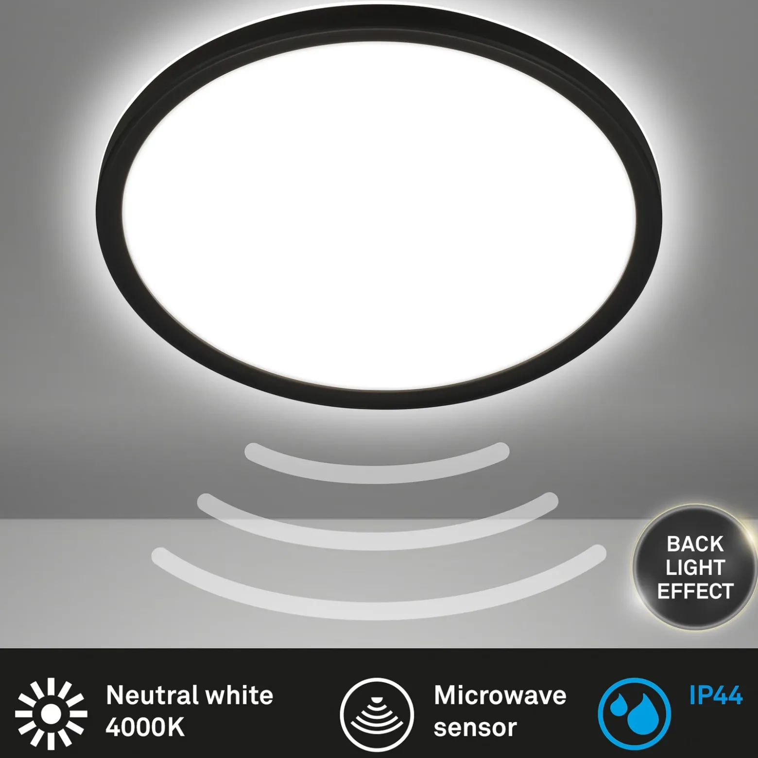 Plafón LED con sensor de movimiento, negro, Ø 29 cm, IP44, 4000K