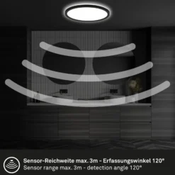 Plafón LED con sensor de movimiento, negro, Ø 29 cm, IP44, 4000K