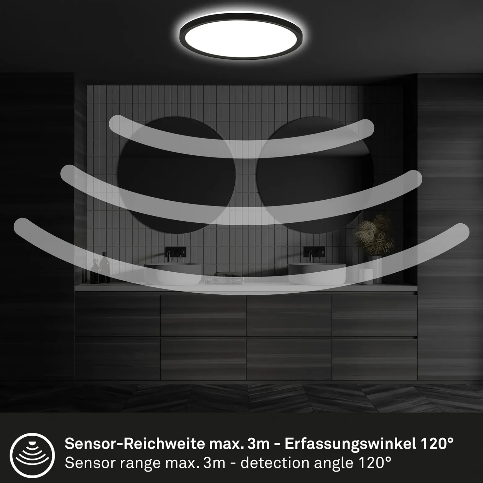 Plafón LED con sensor de movimiento, negro, Ø 29 cm, IP44, 4000K