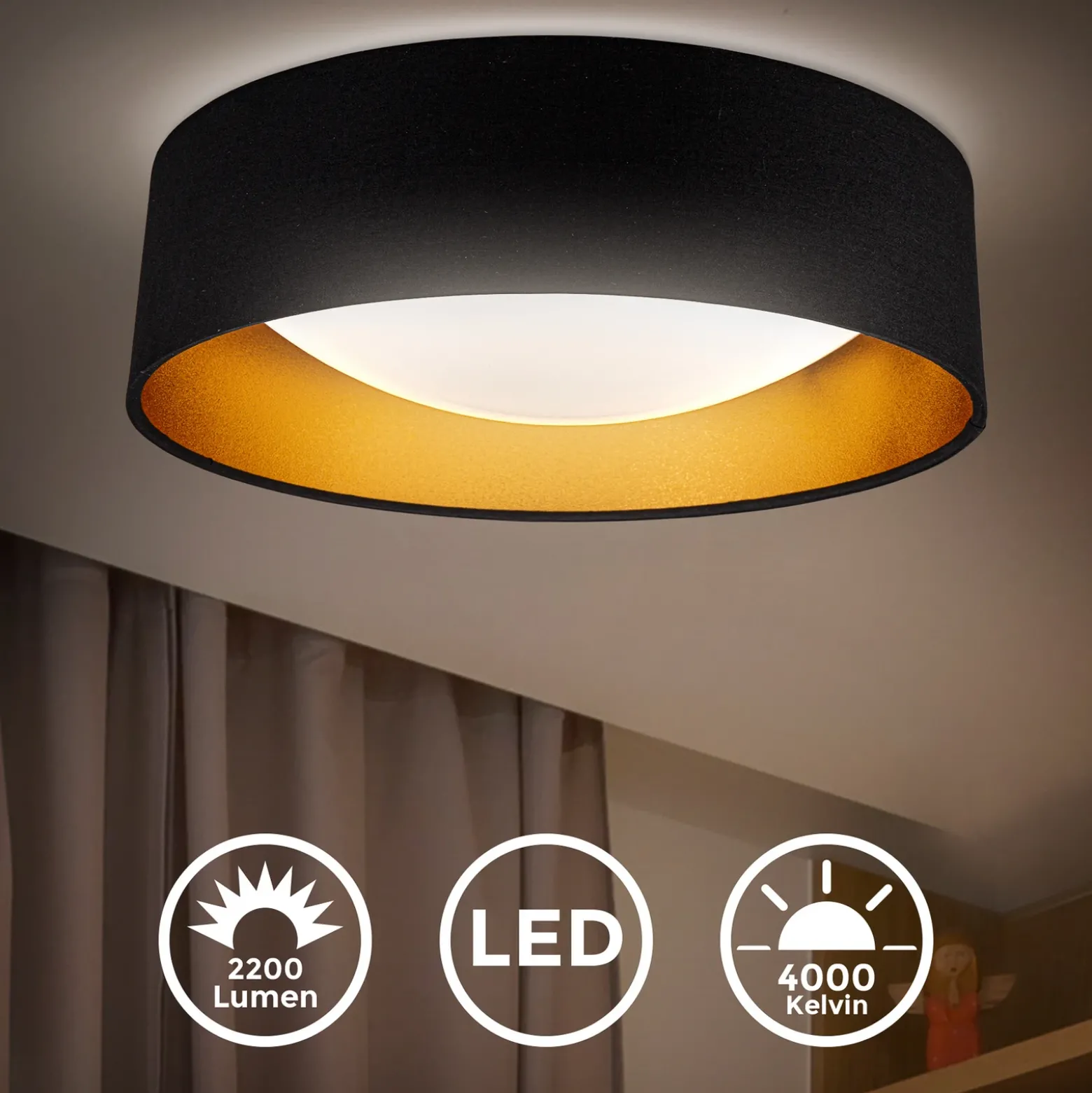 Plafón LED Kari, negro/dorado, textil, 4000 K