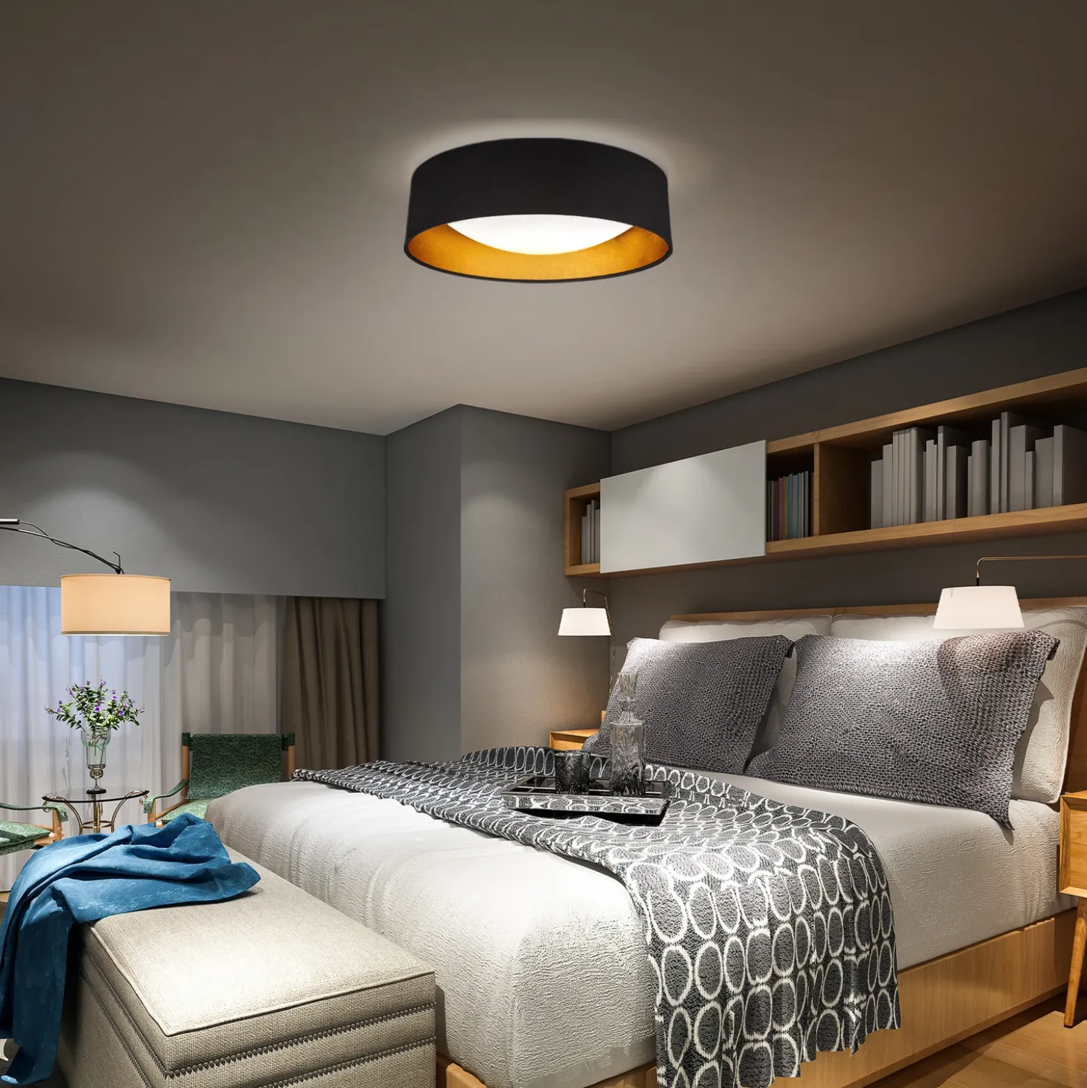 Plafón LED Kari, negro/dorado, textil, 4000 K
