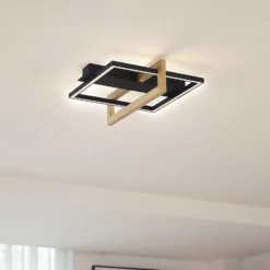 Plafón LED Lindby Holamu, 46cm, negro, madera, metal