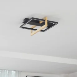Plafón LED Lindby Holamu, 46cm, negro, madera, metal