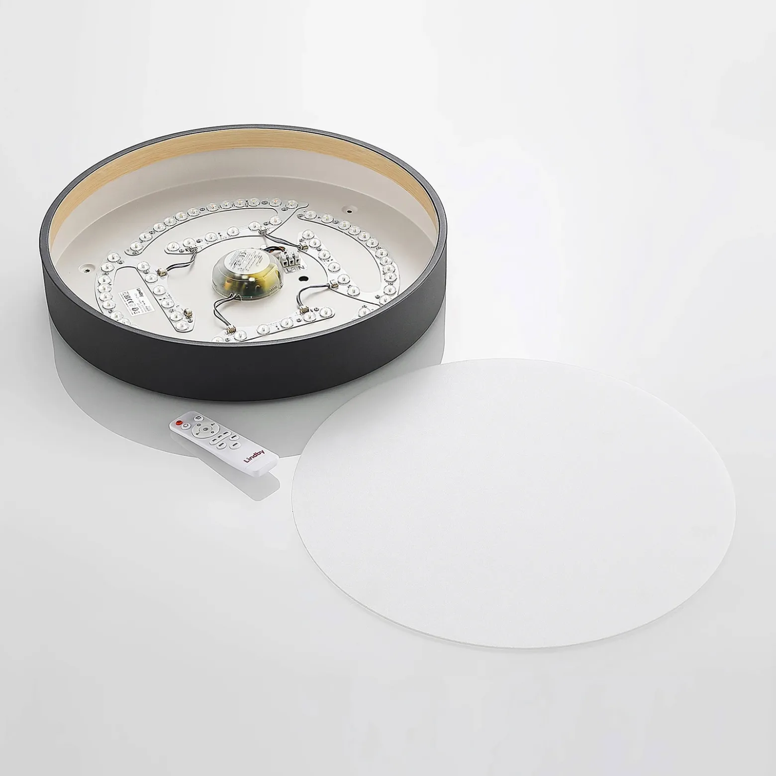 Plafón LED Lindby Todor, 50 cm, antracita, CCT, madera