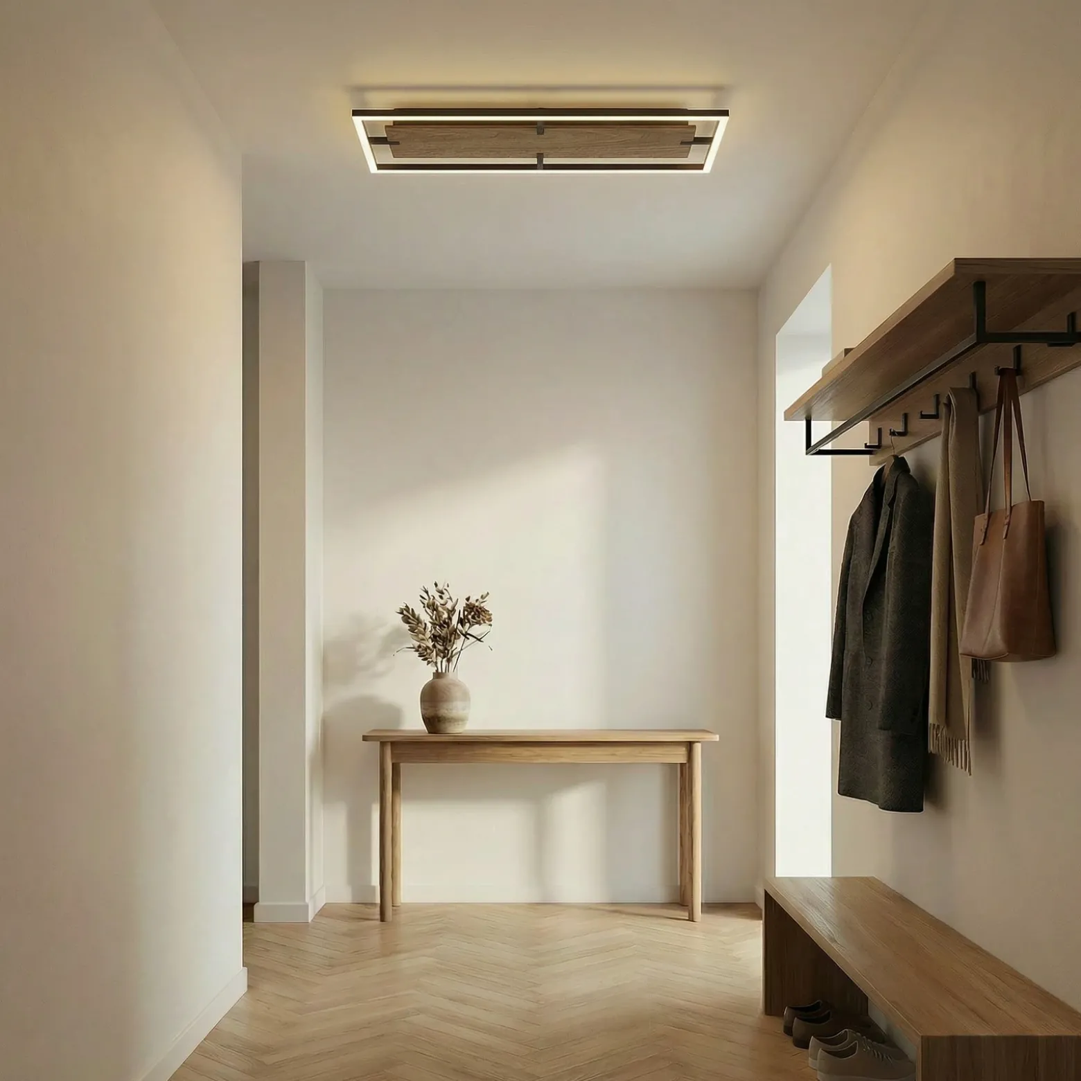 Plafón LED Lucande Vectra, 100 x 30 cm, madera, atenuable