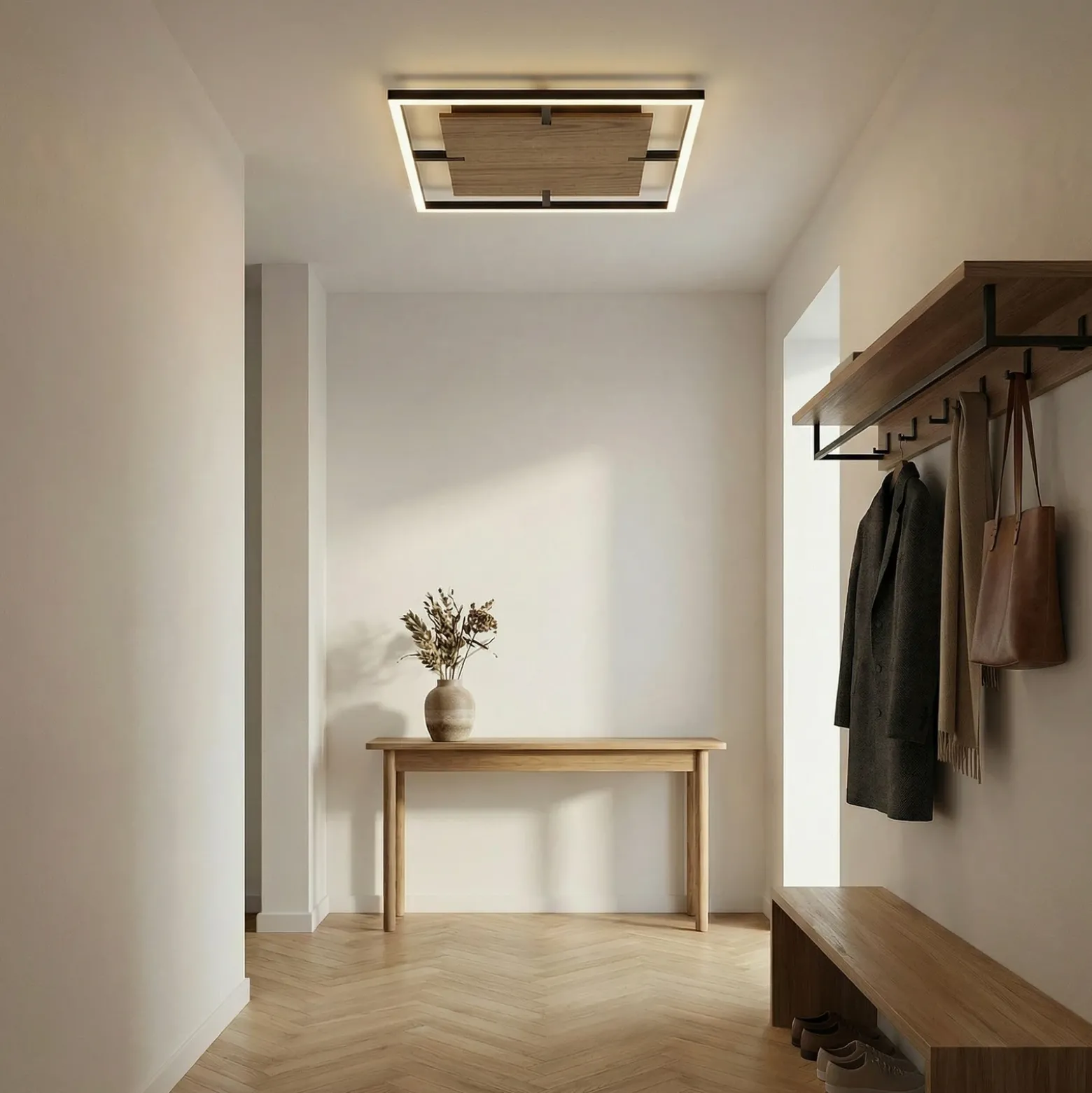 Plafón LED Lucande Vectra, 50 x 50 cm, madera, atenuable