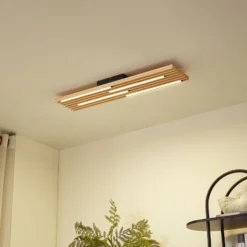 Plafón LED Madero de Lindby, madera de pino, 90 cm x 20 cm