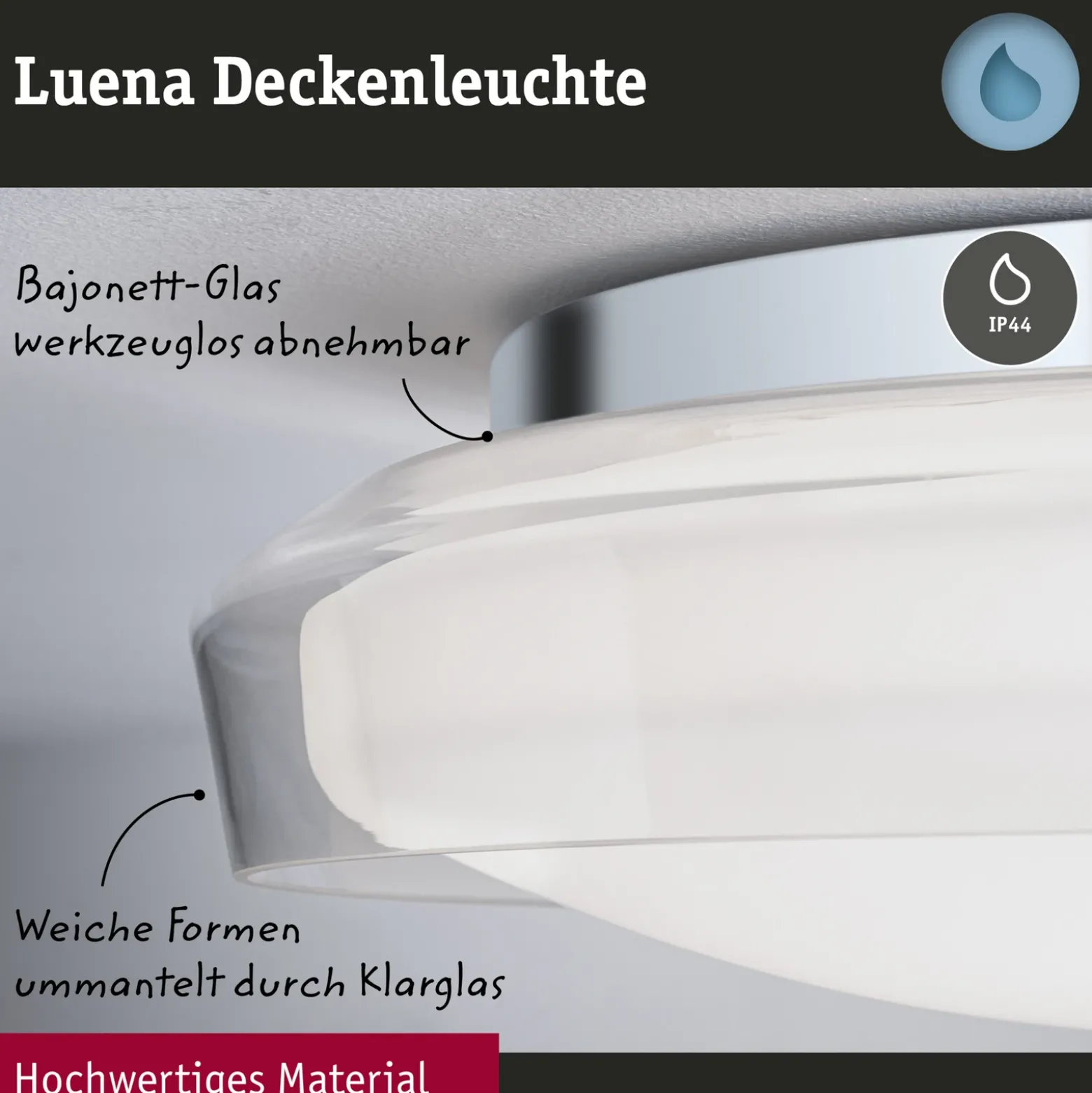 Plafón LED Paulmann Luena, IP44, cromado, Ø 25 cm