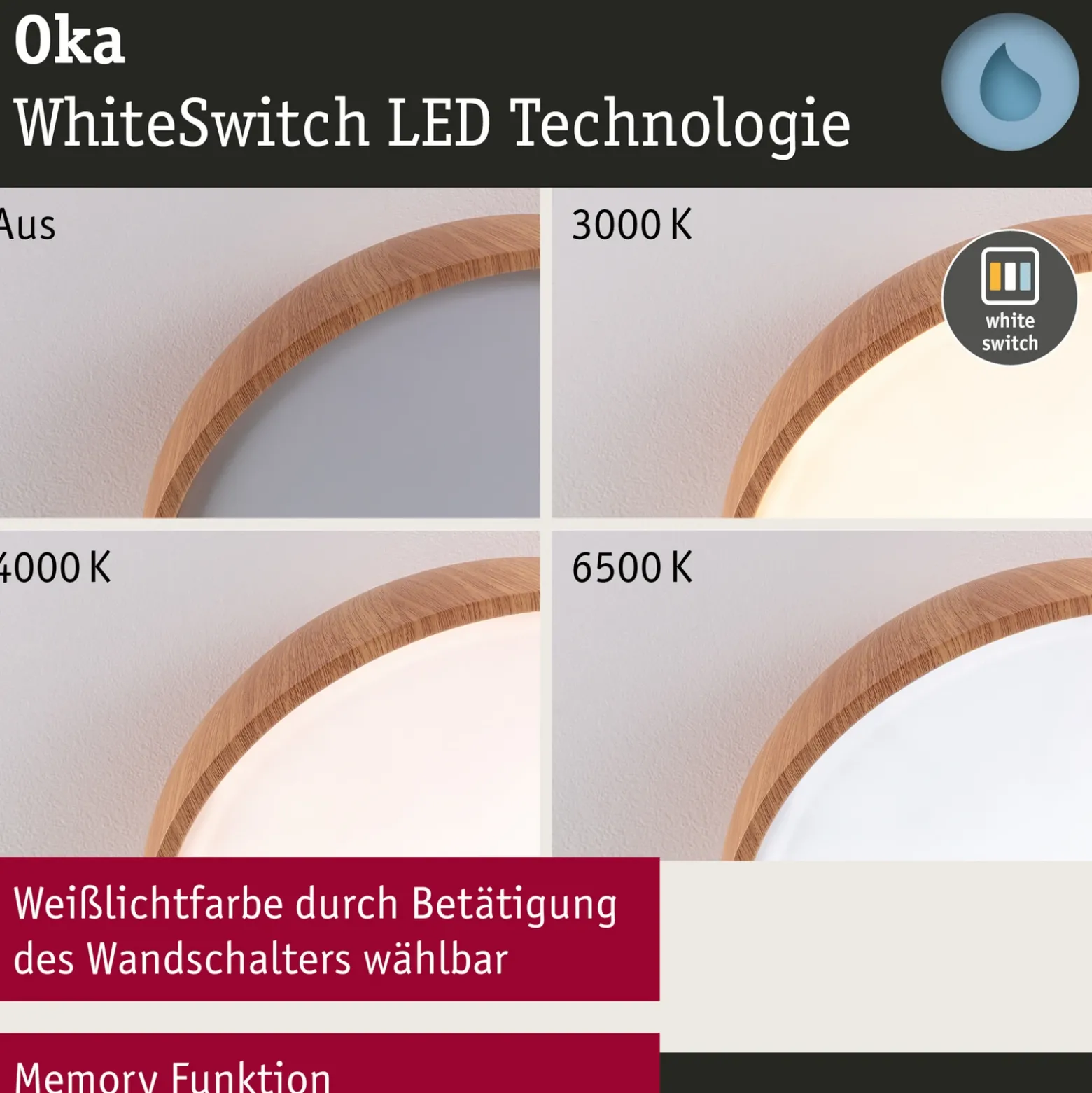 Plafón LED Paulmann Oka IP44 CCT con aspecto de madera