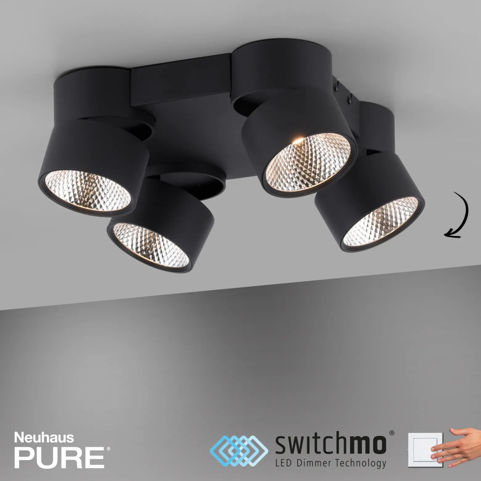 Plafón LED PURE Nola, de 4 luces, negro