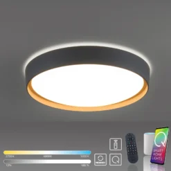 Plafón LED Q-EMILIA de Paul Neuhaus, gris/madera