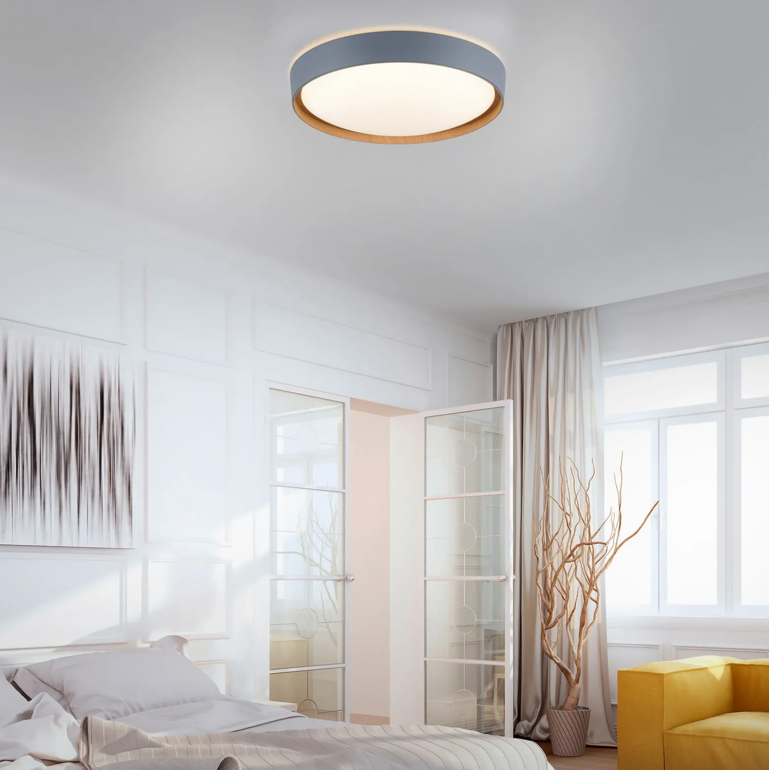 Plafón LED Q-EMILIA de Paul Neuhaus, gris/madera