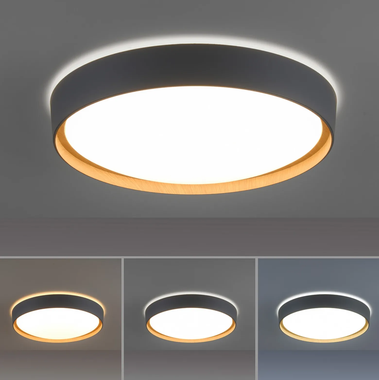 Plafón LED Q-EMILIA de Paul Neuhaus, gris/madera