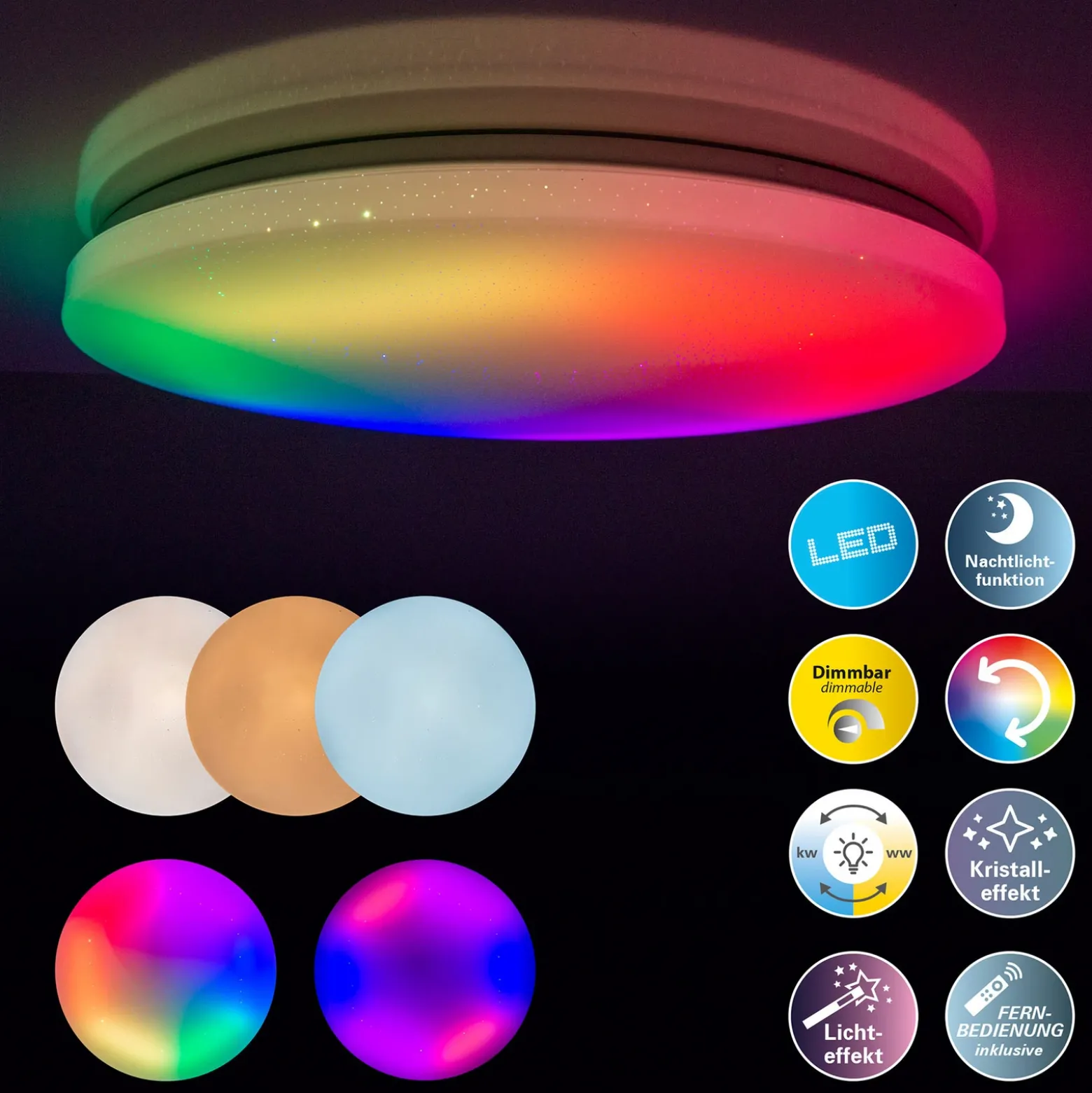 Plafón LED Rainbow, regulable, RGBW, luz nocturna