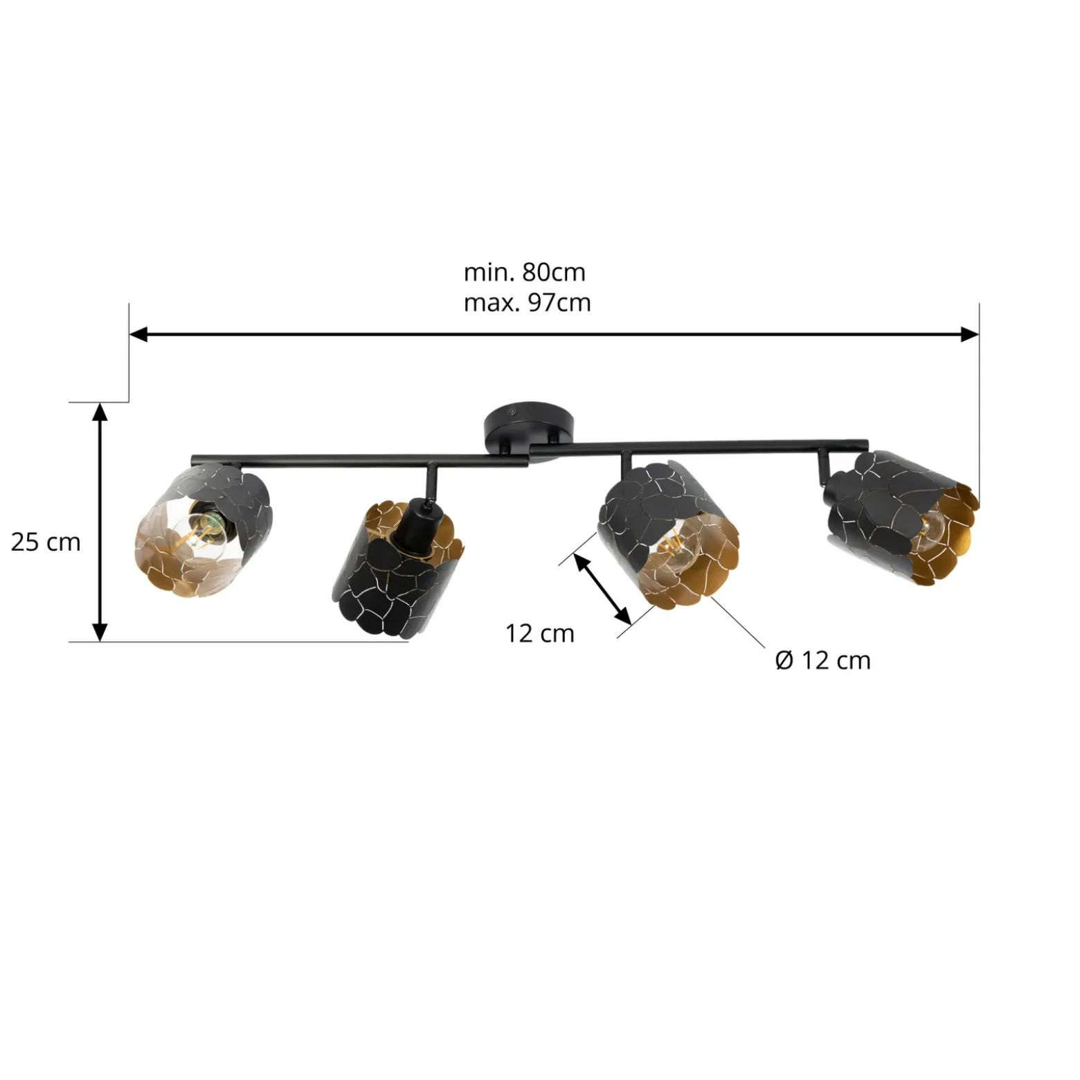 Plafón Lindby Aralena, negro/oro, 4 luces, longitud 97cm