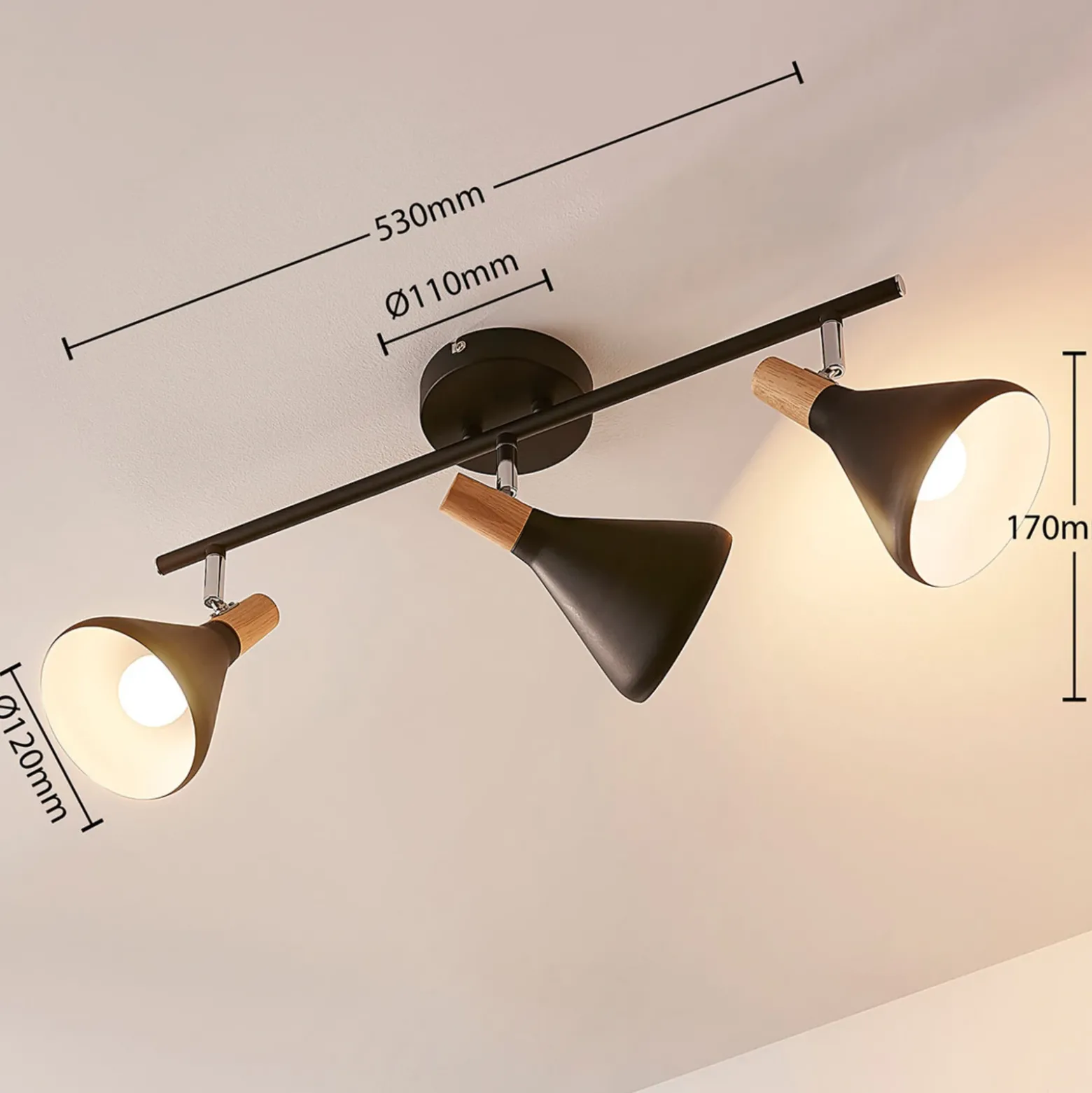 Plafón Lindby Arina, 53 cm, negro, 3 luces, E14