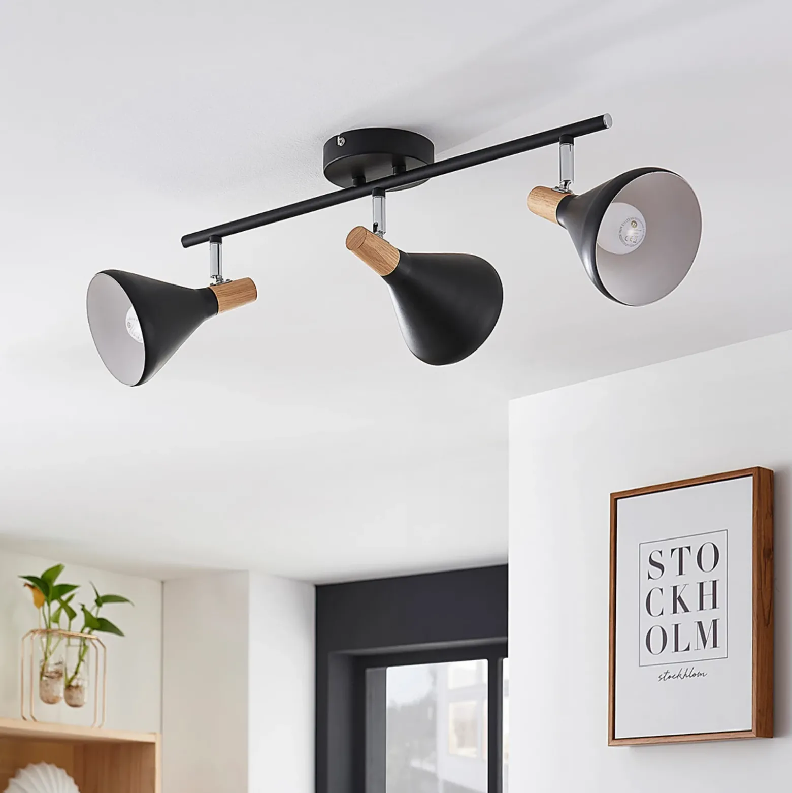 Plafón Lindby Arina, 53 cm, negro, 3 luces, E14