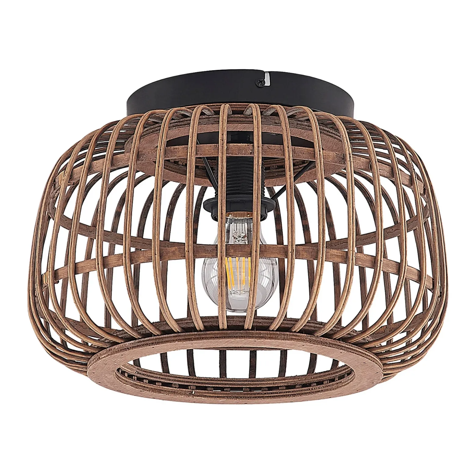 Plafón Lindby Bominio, Ø 33 cm, ratán, madera, E27