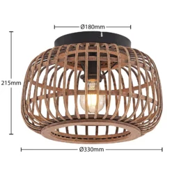 Plafón Lindby Bominio, Ø 33 cm, ratán, madera, E27