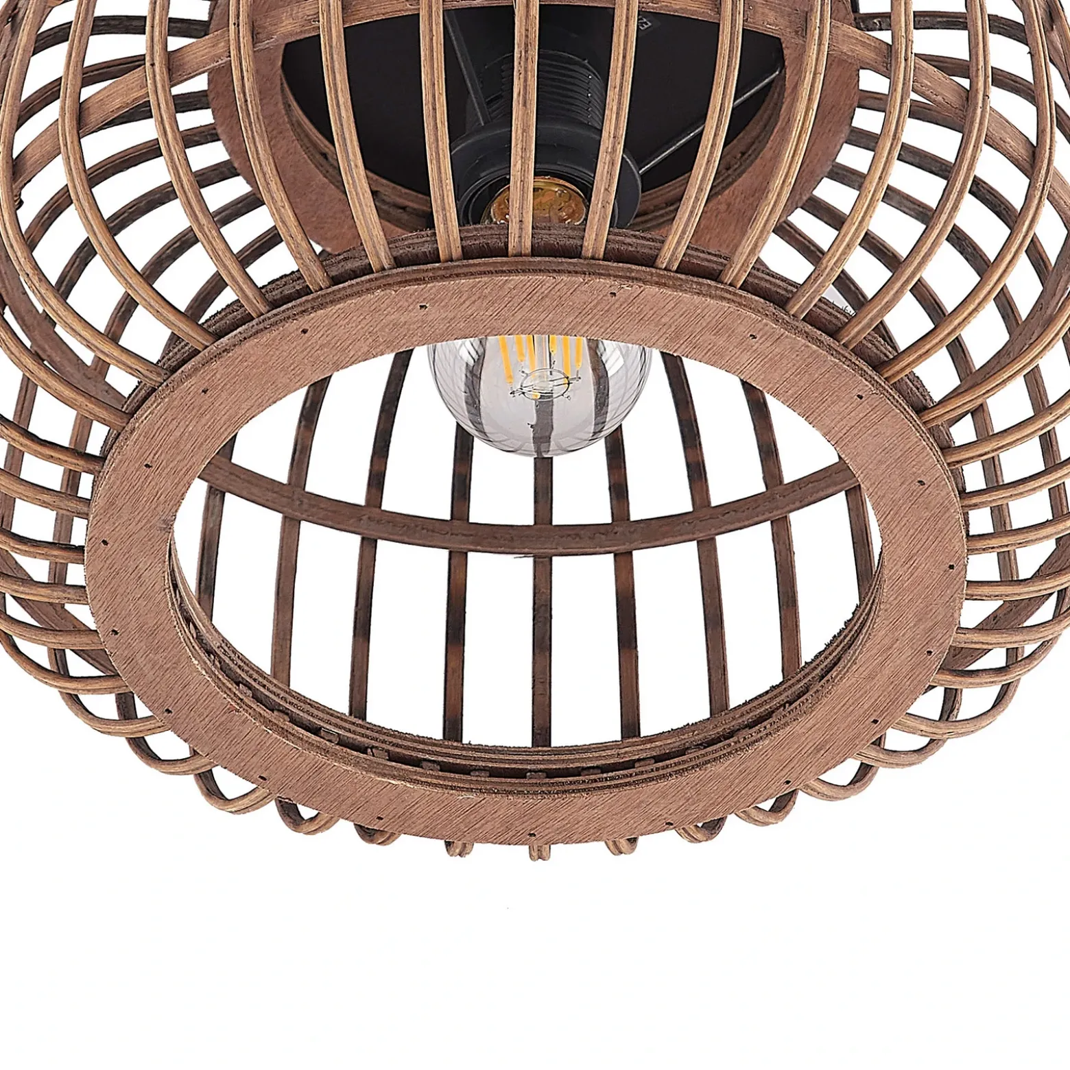 Plafón Lindby Bominio, Ø 33 cm, ratán, madera, E27