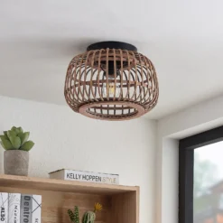 Plafón Lindby Bominio, Ø 33 cm, ratán, madera, E27