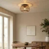 Plafón Lindby Bominio, Ø 40 cm, ratán, madera, E27