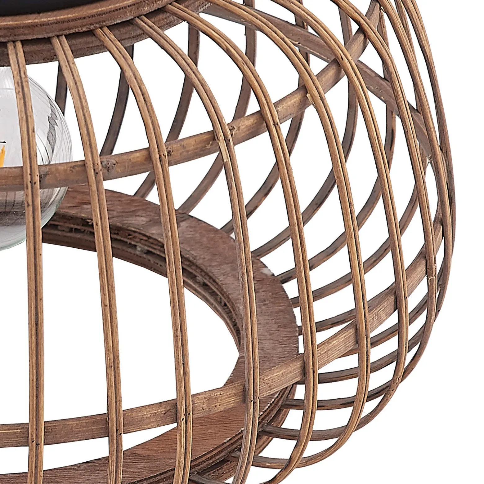Plafón Lindby Bominio, Ø 40 cm, ratán, madera, E27