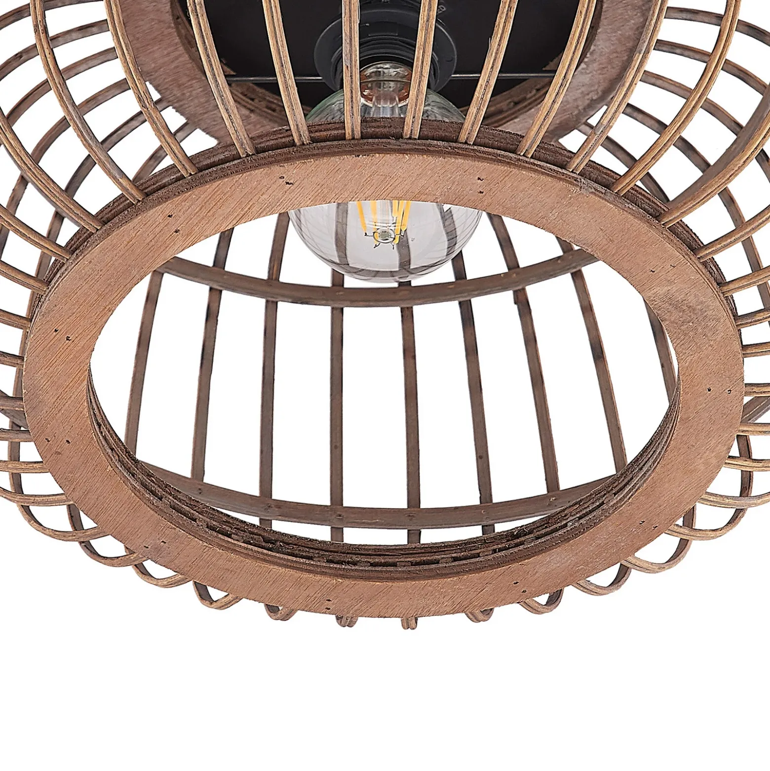 Plafón Lindby Bominio, Ø 40 cm, ratán, madera, E27