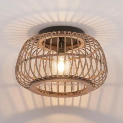 Plafón Lindby Bominio, Ø 40 cm, ratán, madera, E27