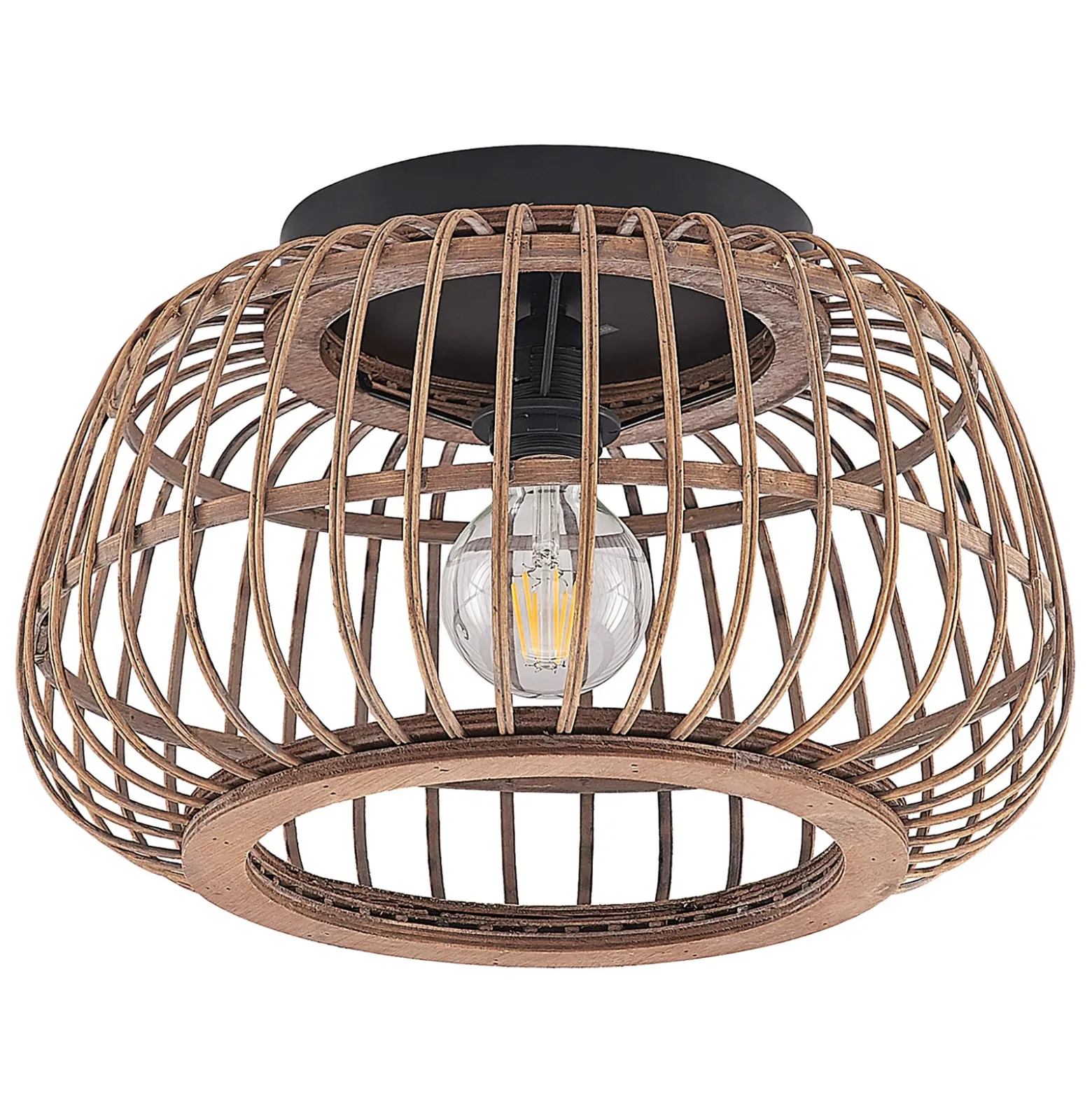 Plafón Lindby Bominio, Ø 40 cm, ratán, madera, E27