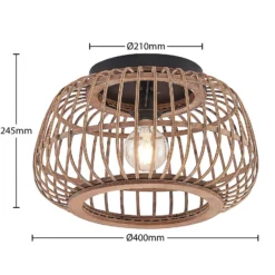 Plafón Lindby Bominio, Ø 40 cm, ratán, madera, E27