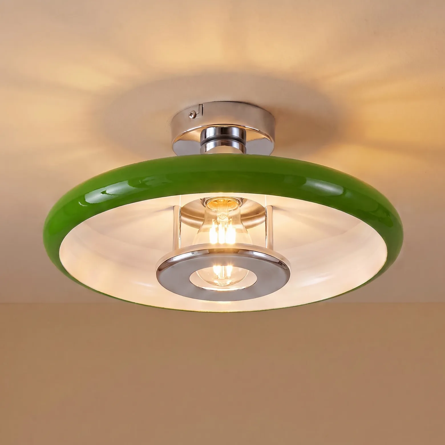Plafón Lindby Branford, retro, Ø 35 cm, verde, metal