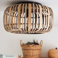 Plafón Lindby Canyana, natural, ratán, Ø 40 cm