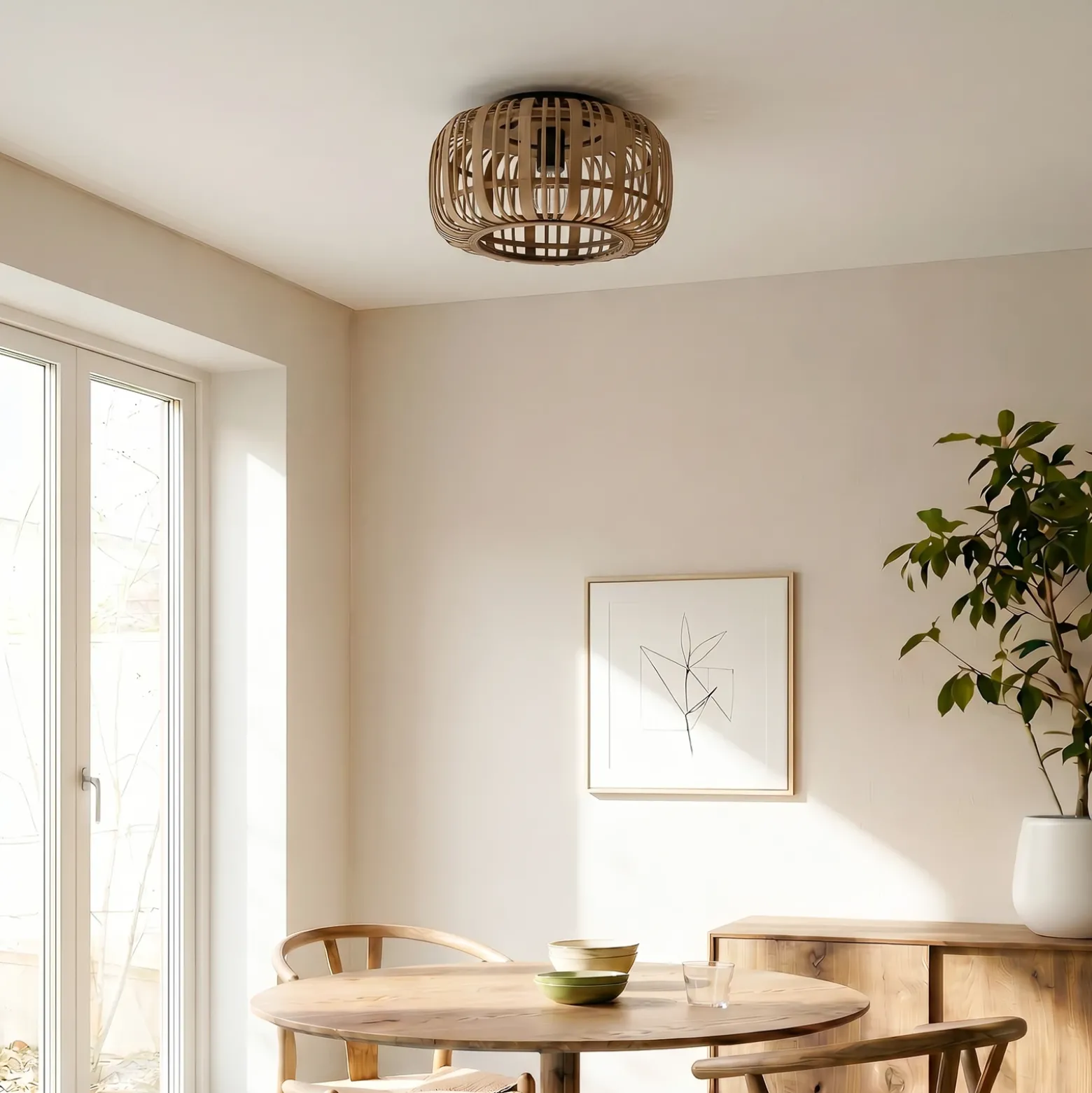 Plafón Lindby Canyana, natural, ratán, Ø 40 cm