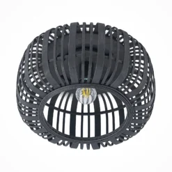 Plafón Lindby Canyana, negro, ratán, Ø 40 cm